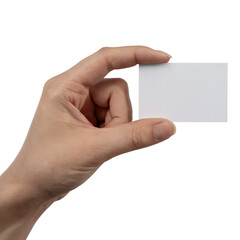 Obraz premium Hand holding a small sheet of paper (ticket, flyer, invitation, coupon, photocard, etc.) on transparent background