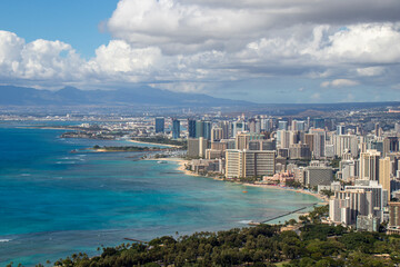 Aerial View of Waikiki Beach and Honolulu Skyline on a Clear Day, Oahu, Hawaii