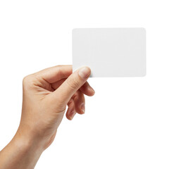 Obraz premium Hand holding virtual business card, credit card or blank paper isolated on transparent white background