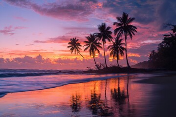Obraz premium Beach Sunset Palm Trees Reflection Vibrant Sky Waterscape Caribbean Island