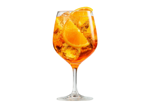 A glass of orange juice with ice cubes in it