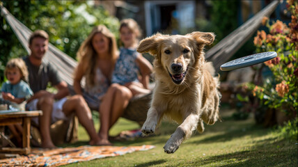 A golden dog leaps for a flying disc in a backyard scene with a relaxed family enjoying the summer sunshine.