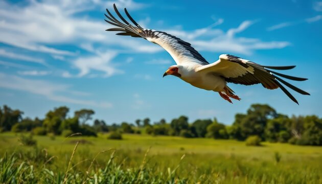 a Secretary Bird in mid-flight over a grassy field