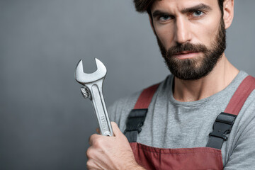 mechanic confidently holding tool looking directly at camera positioned on left side of frame