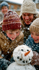 Winter Fun: A group of children and an adult building a snowman, enjoying a snowy day together with smiles and joy.