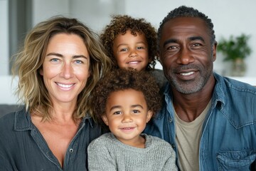 Fototapeta premium Happy multiracial family portrait: caucasian female adult and african male adult with two mixed-race children