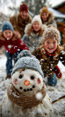 Winter Fun: A family smiles in the snow, with a friendly snowman in the foreground, bringing winter cheer to the cold day.