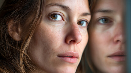 Intimate close-up portrait of a contemplative woman gazing forward, with a mirrored reflection beside her.