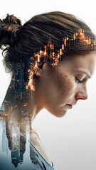 Conceptual portrait with stock market charts over a city overlayed on a profile of a young woman against a bright background.