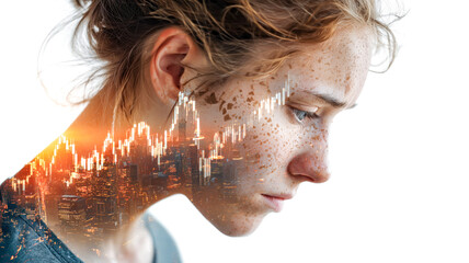 Conceptual shot of a woman's face overlaid with a city skyline and a fluctuating graph, symbolizing financial anxiety or concern.