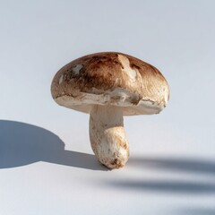 Solitary portobello mushroom against white backdrop casting shadow showcasing its unique form and texture for food and gourmet concept