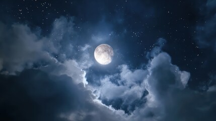 Fototapeta premium Dramatic Full Moon Shines Above Fluffy Clouds in Starry Night Sky View