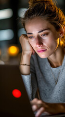 A young woman looks thoughtfully at a laptop screen in dim lighting, hand resting on her cheek. Her expression seems contemplative.