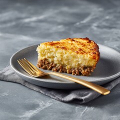 Appetizing Shepherd's Pie Slice on Plate with Fork Rustic Charm Culinary Deliciousness Golden Fork Food Photography
