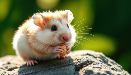 Close-up portrait of a cute Syrian hamster eating a small piece of food
