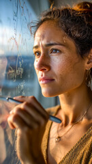 Pensive woman analyzes data on glass panel, deep in thought. Sunlight filters through, highlighting freckles and contemplative mood.