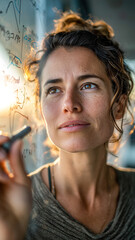 Woman writing on glass board with marker. Bright, natural light highlights her features as she focuses on her work.