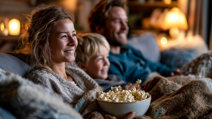 Cozy family evening: A mother, father, and child snuggle on the couch with popcorn, enjoying quality time together at home.