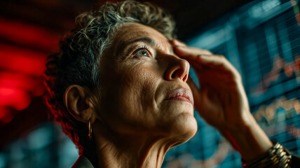 Pensive woman gazing at a financial data screen, highlighting market volatility and strategic decision-making under pressure.
