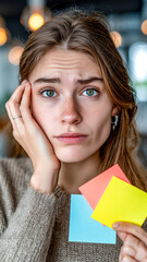 Stressed woman contemplating sticky notes, feeling overwhelmed. Creative block, important reminders, deadlines, or thoughtful reflections.
