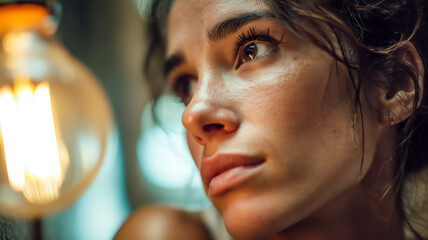 Close up of a beautiful woman's face looking thoughtful, illuminated by the warm glow of a vintage lightbulb. 