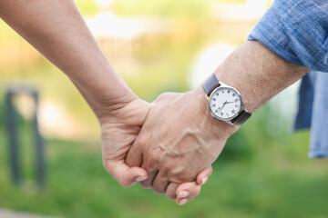 Lovely senior couple walking together outdoors, closeup