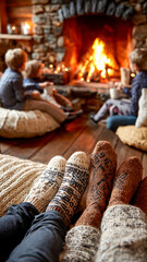 Cozy family time near the warm fireplace, socks on, on the wooden floor, enjoying the peaceful moment together in a homey setting.