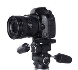 Modern professional video camera isolated on white
