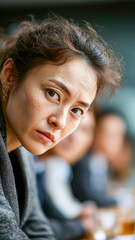 Intense portrait of a woman with a concentrated expression at a meeting, possibly in a professional or academic setting. 