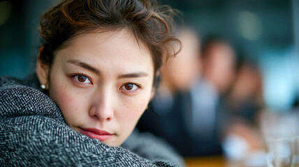 Close-up portrait of a young woman with brown hair, clear skin, and captivating brown eyes looking directly at the camera lens.