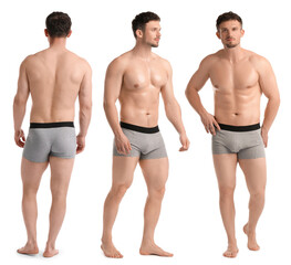 Handsome man in grey underwear on white background, collage. View from different sides