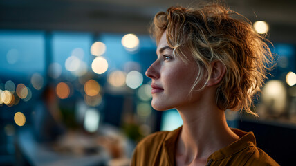 Contemplative Woman: Thoughtful female gaze, city lights bokeh, professional setting, serene reflection in the evening glow