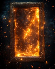 Fiery portal framed by aged wood