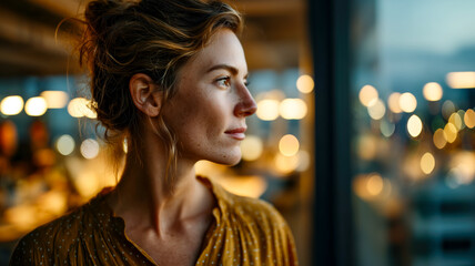 Pensive woman gazing out a window at city lights. Her hair is in a messy bun, illuminated by the night scene. 