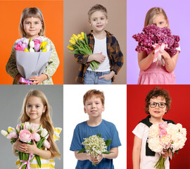 Cute children with bouquets of flowers on different color backgrounds. Collage of photos