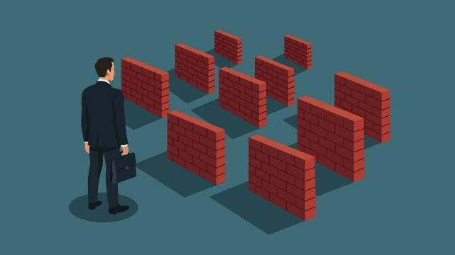 Businessman Facing Barriers and Obstacles in His Path. Flat design Animation Concept Idea of Multiple  Challenges, Struggles, and Overcome Difficulties . 