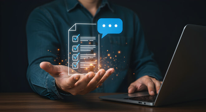 A person's hand holds a glowing digital document with completed tasks and an AI chat bubble, symbolizing efficient online communication and smart