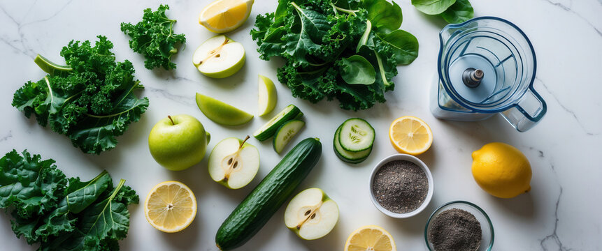 Fresh green vegetables, fruits, and seeds arranged with a blender on a marble surface for healthy smoothie preparation