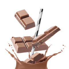 Splashing chocolate milk, straw and pieces of chocolate against white background