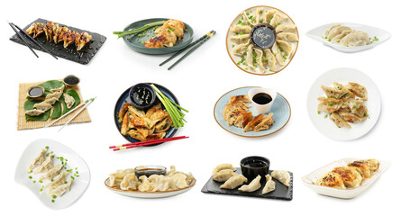 Tasty gyoza (dumplings) on white background, collage