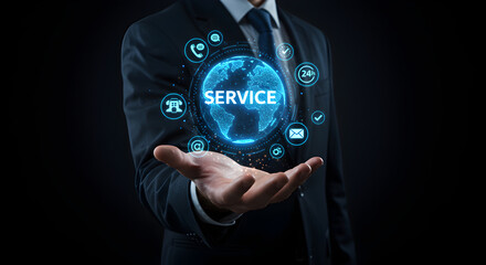 A professional in a suit presents a futuristic global service network with glowing digital icons.