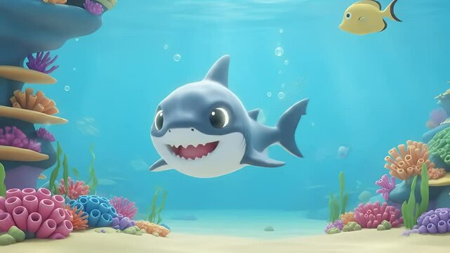 Seamless cute baby shark underwater background with colorful coral and soft light rays