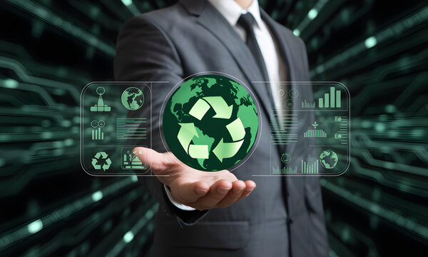 A professional showcases a holographic green earth, symbolizing sustainable future and eco-friendly technology. - Powered by Adobe