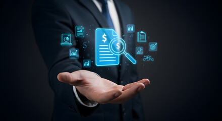 A professional's hand showcases a holographic display of financial data and audit tools, representing digital business solutions.