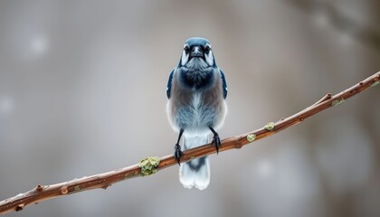 a vibrant blue jay perched on a weathered branch