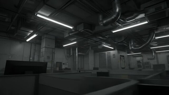 Dimly Lit Industrial Office Space: A Dark, Mysterious Atmosphere