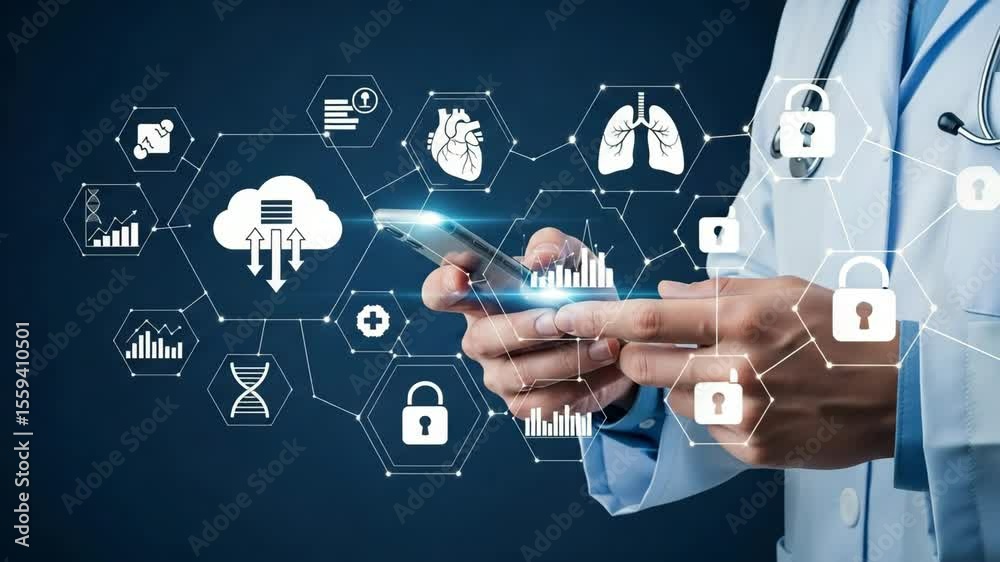 Poster Doctor using smartphone with medical icons and cloud computing concept interface displayed around him