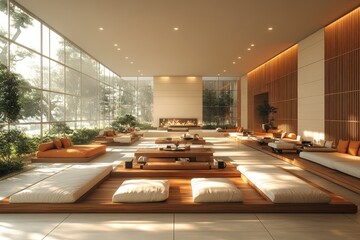 Modern, serene, and spacious relaxation lounge with floor-to-ceiling windows overlooking a lush garden