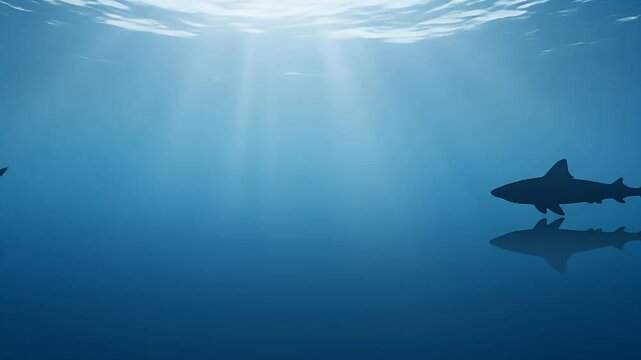 Minimal silhouette baby shark swimming on gradient ocean background with light rays