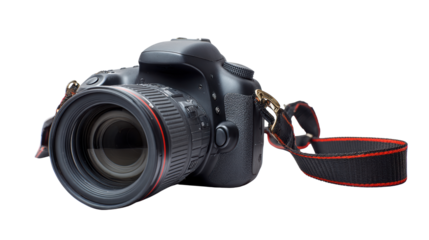A high-quality DSLR camera with a lens, isolated on a white background for photography enthusiasts.